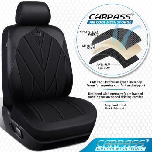 CAR PASS Memory Foam seat Covers Leather, Air Cool Mesh car seat Covers Front Seats 2, Universal FIT for Cars,SUV,Trucks, Comfortable-Durable-Breathable Airbag Compatible, All Black - Thumbnail 5