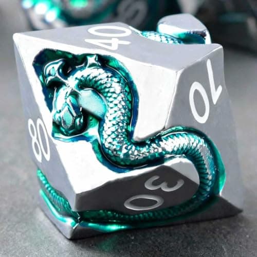 Ancient Serpent Metal DND Dice Set, 7 Piece Polyhedral RPG Dice for Dungeons and Dragons, Weighted Zinc Alloy Tabletop Dice with Storage Gift Case