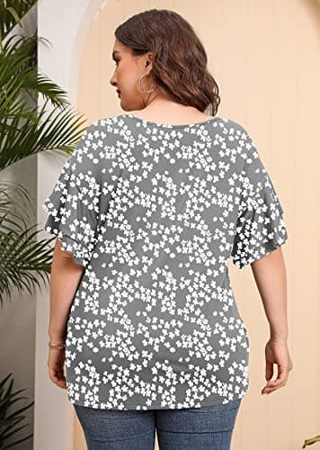 AusLook Plus Size Casual Tops For Women Grey Sakura 5X Tunic Double Ruffle Short Sleeve Blouses Crewneck Clothing Tee Ladies Clothes Flowy Dressy Casual Loose Fit Outfits Maternity Summer Clothes - Thumbnail 5