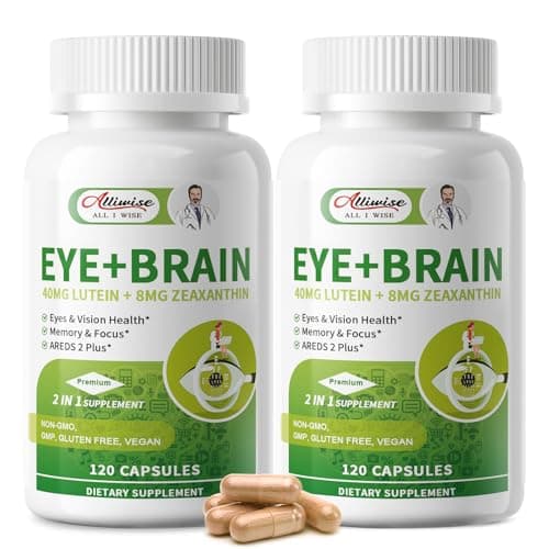 2 Pack Eye + Brain Supplements for Memory and Focus, Lutein 40mg, Zeaxanthin, Astaxanthin, Bilberry, Lion’s Mane, Bacopa Monnieri, Ginkgo Biloba, 14 in 1 Eye Vitamins for Adults & Seniors 240 Capsules - Image 1