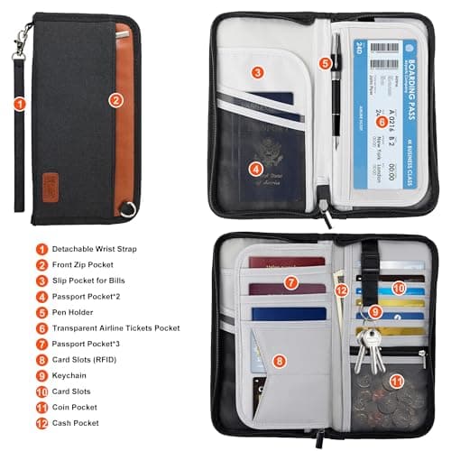 HOOMIL Family Passport Holder, Premium Travel Document Organizer Capacious RFID Passport Wallet, Supports 4-5 Passports, 9.8" x 5" - Black/Brown - Thumbnail 6