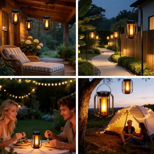 Solar Lantern Lights Outdoor, 2Pack Flickering Flame Light Hanging Solar Powered Lantern Lights Waterproof with Dual Charging (USB/Solar) & 2 Modes for Yard Patio Path Tree Garden Camping Decoration - Thumbnail 6