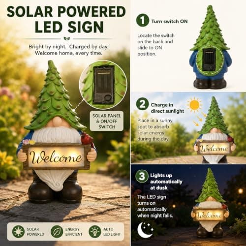 hvfun Solar Garden Gnome Statue with Welcome Sign, 13.5" Resin Outdoor Gnome Decor with LED Light, Cute Garden Statue for Yard, Porch, Patio, Lawn, Housewarming Gifts for Women Mom Grandma - Thumbnail 3
