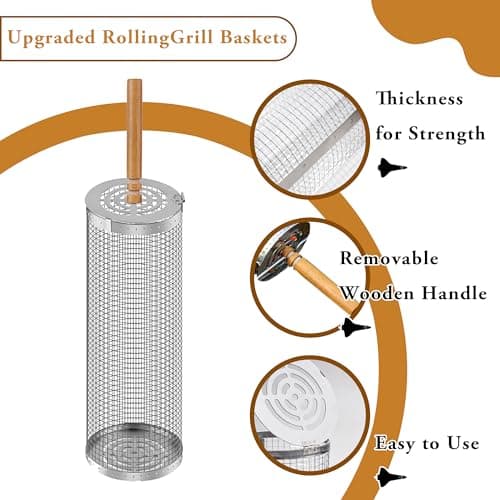 Rolling Grill Basket 2 Pcs,BBQ Baskets for Grilling,Removable Wooden Handle, Grilling Basket for Vageatbles Meat Food,304 Stainless Steel,Round Stainless Steel Grill Baskets for Outdoor Grill - Thumbnail 5