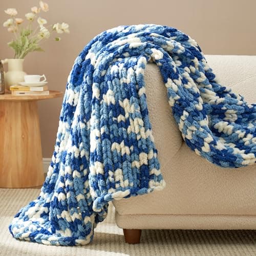 Amélie Home Chunky Knit Throw Blanket for Couch, Soft Chenille Crochet Blanket for Sofa, 50"x60", Space-Dyed Blue - Thumbnail 2