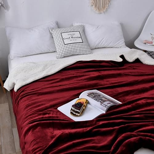 Sherpa Fleece Throw Blanket for Couch - Super Soft Cozy Fuzzy Plush Blankets for Winter, Reversible Thick Warm Blanket for Bed, Sofa, Living Room，Burgundy, 60x80 Inches - Thumbnail 2