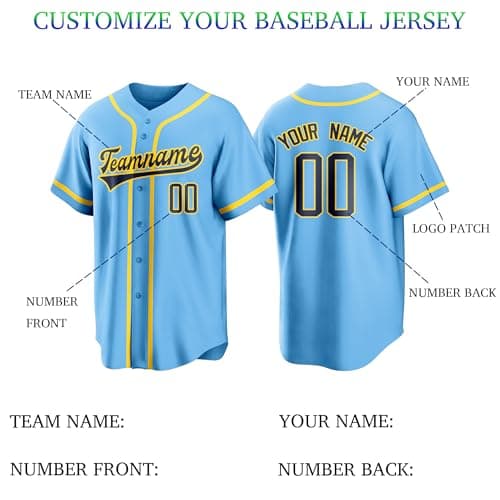 Blue Yellow Team Name Custom Men Baseball Jersey Softball T Shirts Women Customized Youth Button Down Stitched or Printed Names Numbers Personalized Designs - Thumbnail 2