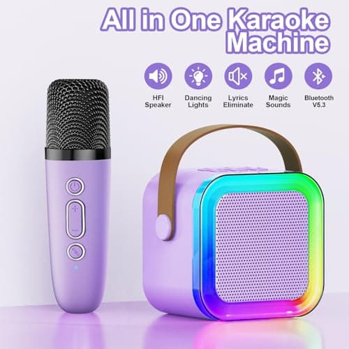 Kids Karaoke Machine Toy for Ages 3-12, Rechargeable Portable Bluetooth Speaker with 2 Wireless Mics, LED Lights Voice Changer, Christmas Birthday Gift for Boys Girls Grandkids (Purple -2) - Thumbnail 2