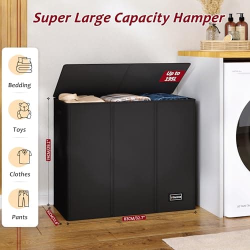 195L Laundry Hamper 3 Section,Large Laundry Hamper with Lid,Dirty Clothes Hamper with 3 Inner Bags,Collapsible Laundry Basket Organizer for Laundry Room,Bedroom,Laundry Sorter Hamper 3 Compartment - Thumbnail 2