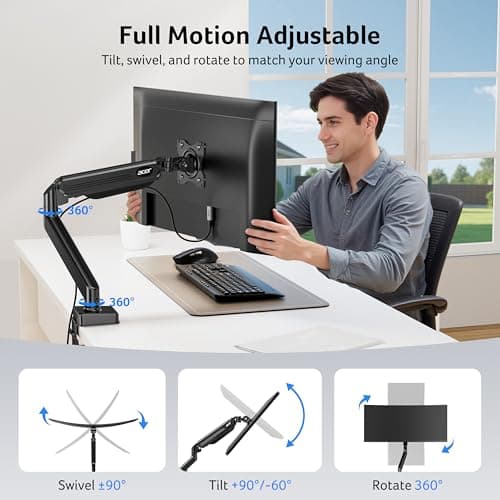 Acer Single Monitor Mount, Fully Adjustable Monitor Arm Fits 17 to 34 Inch Screens, Gas Spring VESA Mount with C-Clamp & Grommet Base, Computer Desk Arm with Tilt Swivel Rotate Supports 4.4-19.8 lbs - Thumbnail 3