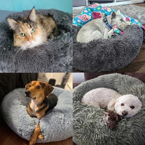 Calming Dog Bed for Small Melium Large Dogs Donut Washable Pet Bed for Puppy and Kitten Anti-Anxiety Donut Warming Cozy Soft Round Bed with Slip-Resistant Bottom (Grey, 24" L x 24" W x 8" Th) - Thumbnail 6