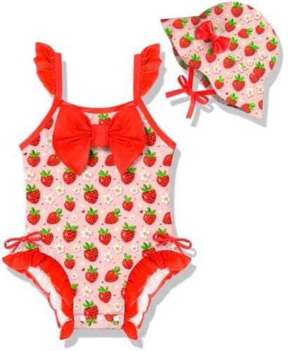 NikNio One Piece Sleeveless Newborn Infant Girl Swimwear Baby Girl Bathing Suit One Piece with Hat Red Strawberry 6-12 Months - Image 1