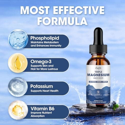 Magnesium Glycinate Liquid Drops with Taurate & Citrate, Magnesium Supplement for Sleep, Calm & Relaxation, with Potassium & Omega-3, High Absorption Formula, Blueberry Flavor, 2 Fl Oz - Thumbnail 3