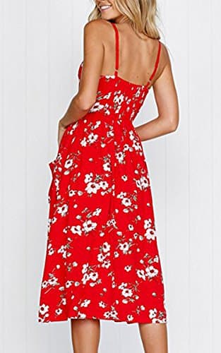 Angashion Women's Dresses-Summer Floral Bohemian Spaghetti Strap Button Down Swing Midi Dress 0860 Red L - Thumbnail 6