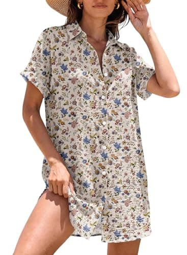 Magritta Womens Plus Size Oversized Short Dress Shirt Dress for Curvy Women Chic Lightweight Breathable Loose Ditsy Floral Beach Dress for Beach Vacation 3XL - Thumbnail 4