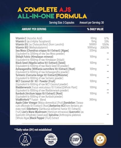 AJS Sea Moss Capsules 3200mg, Himalayan Shilajit 1000mg with Black Seed Oil, Ashwagandha, Turmeric, Bladderwrack, Burdock, Vitamins, Berberine, Lion’s Mane Mushroom, Elderberry- 90 Caps - Thumbnail 2