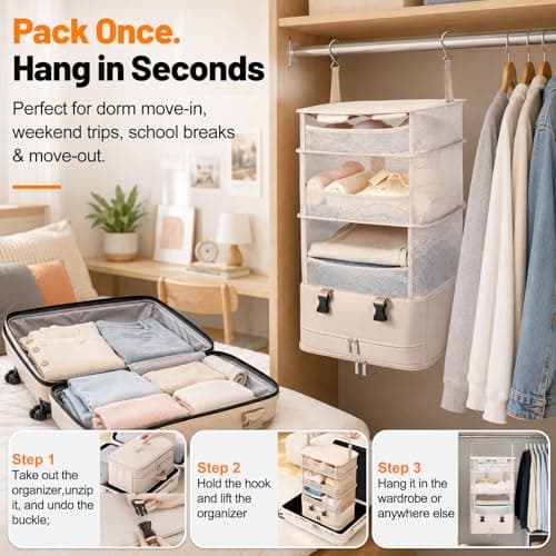 Hanging Closet Organizer, Foldable Beige Mesh Shelves with Zipper Bag - Thumbnail 5