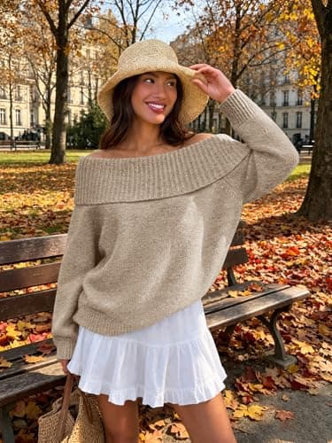 ATHMILE Winter Outfits for Womens Off The Shoulder Sweaters Oversized Batwing Sleeve Loose Pullover Fall Tops 2026 Khaki - Thumbnail 2