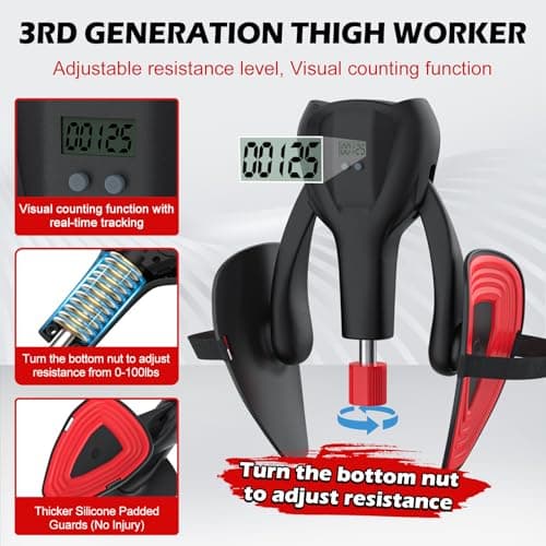 3rd Gen Thigh-Train 0-100 lbs Adjustable Resistance Inner Thigh Train Exercising Counter with Leg Straps Band Pelvic Floor Kegel Hip Exercise Workout Equipment Pilates Women Men (Black) - Thumbnail 2