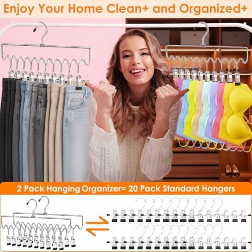 Pants Hangers Space Saving with Clips,Closet Organizers and Storage,20 Non-Slip Rubber Clips Metal Legging Organizer for Jeans Skirt Home Essentials,Dorm Room Essentials for College Students Girls Guy - Thumbnail 6