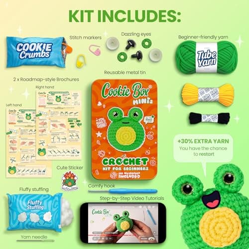 Cookie Box MINIs Crochet Kit for Beginners – Gift Set to Make Frog Ribbit Amigurumi Plushie – Easy DIY Crochet & Knitting Starter Kit with Printed Instructions & Step-by-Step Video Tutorial - Thumbnail 3