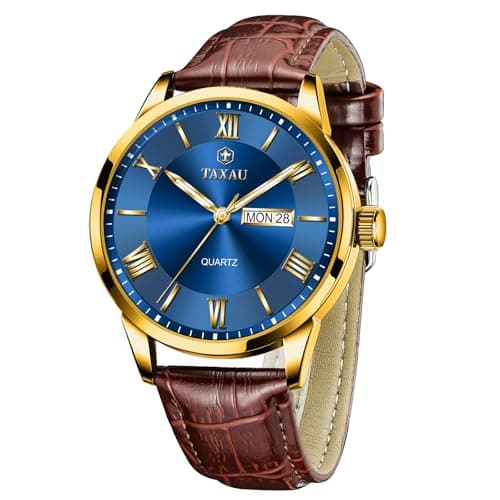Taxau Watches for Men Brown Leather Watch Blue Face Mens Waterproof Watches Luxury Dress Mens Analog Watch with Day Date Large Number Easy to Read reloj Elegante para Hombre - Image 1