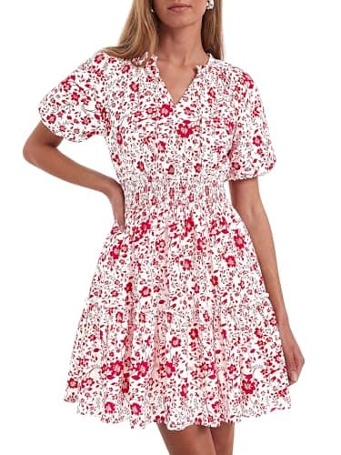 BTFBM Summer Mini Dresses for Women 2026 Ruffle Short Sleeve Elastic Waist Floral Beach Vacation Wedding Guest Dress(White Red Flower, Medium) - Image 1