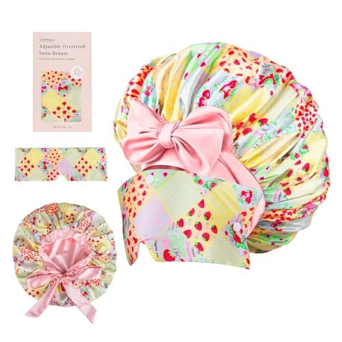 Vettres Double Layer Satin Bonnet for Sleeping with Detachable Eye Mask Adjustable Night Cap for Curly, Natural, Braided Hair Reduces Frizz & Locks in Moisture Yellow Strawberry - Thumbnail 2