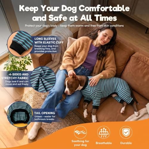 LovinPet Dog PJS Apparel for Large Dogs, Pure Cotton Cyan Blue Stripe Dog Shirt, 4-Legged Design, Full Body Coverage, Pajamas for Pitbulls, Onesies for Dogs, 2XL - Thumbnail 5