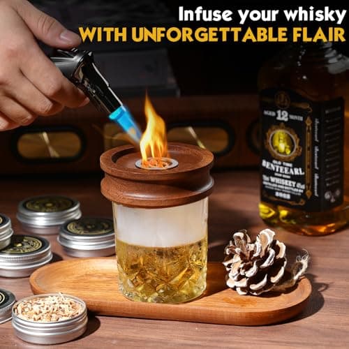Whiskey Smoker Kit with Torch - 6 Natural Wood Chips, 2 Glasses, 2 Ice Ball Molds - Cocktail Smoker Infuser Kit, Old Fashioned Smoker Kit, Birthday Bourbon Whiskey Gifts for Men, Dad(No Butane) - Thumbnail 3