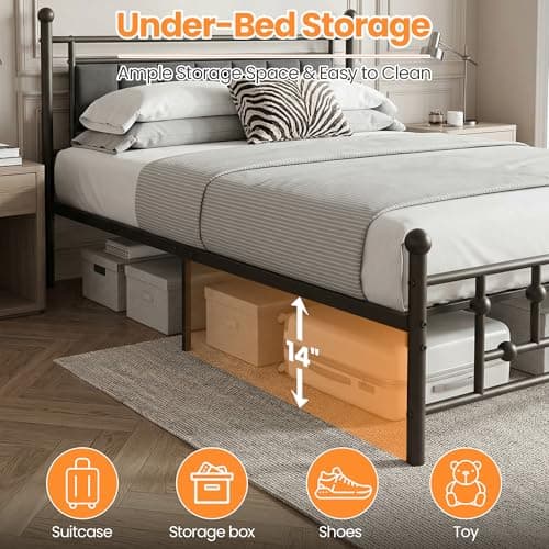 Luviyoo Queen Bed Frame with Headboard, Velvet Upholstered Platform Bed Frame Queen Size, Heavy Duty 13 Metal Slats Support, 14" Underbed Storage, No Box Spring Needed, Noise Free - Thumbnail 4