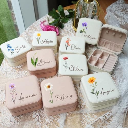Corissy Personalized Jewelry Box for Women, Custom Travel Jewelry Case with Name and Birth Flower, Leather Jewelry Box for Rings, Earrings, Necklaces, Personalized Gifts for Women - Thumbnail 3