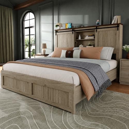 Uteeran Queen Size Bed Frame with Storage, Sliding Barn Door, Farmhouse Wood Platform Bed with Reading Light and Charging Station, Wood Slats Support, Easy Assembly, Noise-Free, Light Rustic Oak
