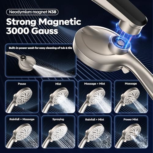 Shower Head with filtered Handheld High Pressure daul Shower Heads with Handheld Spray Combo and 10 Sprays Handheld Shower Head Detachable Shower head Built-in Magnetic Docking and Power Jets Nickel - Thumbnail 2