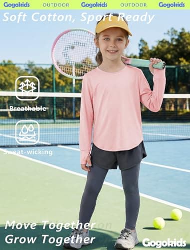 Gogokids Girls Long Sleeve Athletic Shirt, Breathable Cotton Activewear Top with Stretch, Split Back & Thumbholes, Pink, 130, 7-8 Years - Thumbnail 4