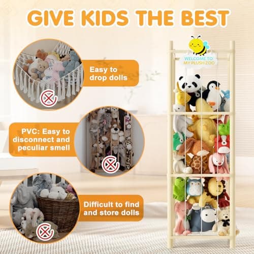 Hsenowi Stuffed Animal Storage Zoo Organizer Natural Pine Plushies Storage with Elastic Bands Vertical Wood Toy Holder Mesh Net Space Saving Design for Playroom Nursery Kids Bedroom - Thumbnail 5
