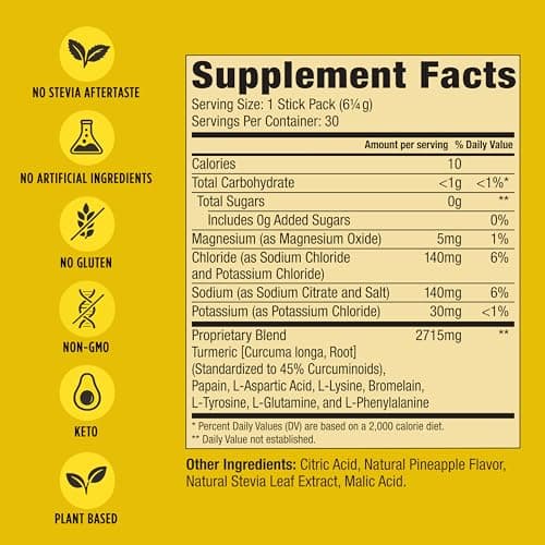 Bala Enzyme Hydration & Sugar-Free Drink Mix Packets - Turmeric, Bromelain, Papain, Immunity, Mobility - Pineapple, Zero Sugar Electrolytes Powder Packets, 0.25oz (10 Count) - Thumbnail 2