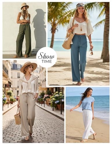 GRACE KARIN Womens Palazzo Pants Casual Drawstring Flowy Comfy Pants Wide Leg Summer Beach Linen Trousers with Pockets Apricot L - Thumbnail 4