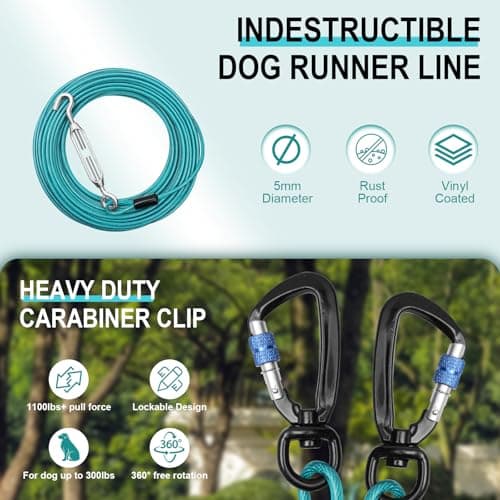 Libbipaw Dog Runner for Yard - 100ft Aerial Dog Run Cable System with Shock Absorbing Bungee Tether, Chew Proof Steel Cable & Tangle Free Pulley for Large Dogs, Backyard Zip Line for Dogs - Thumbnail 5