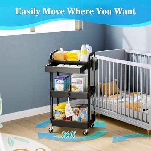 SUNALLY 3 Tier Rolling Cart with Drawer, Bathroom Storage Organizer with 2 Lockable Wheels, Multifunctional Rolling Storage Cart for Bathroom, Kitchen, Office, Craft, Makeup, Baby Essentials, Black - Thumbnail 6