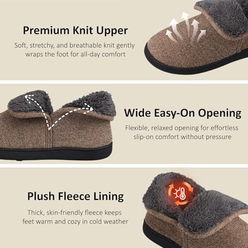 VANSARTO Men’s Knit Bootie Slippers Warm Fold-Over Ankle Collar Plush Fleece Lined Memory Foam House Shoes Cozy Winter Non-Slip Indoor Outdoor Slippers for Men, Brown, Size 7 - Thumbnail 3
