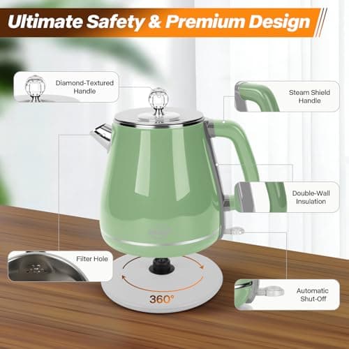 Arcblin Electric Kettle 1.8L, Retro Electric Kettle for Boiling Water, 1350W Fast Boil, Stainless Steel Interior, BPA-Free, Auto Shut Off, Boil-Dry Protection, Sage Green - Thumbnail 5