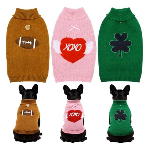 St. Patrick’s Day Dog Sweater 3 Pack – Lucky Shamrock Green Dog Outfit Set, Spring Holiday Puppy Clothes with Festive Red & Game Day Design for Small Dogs(S - Image 1