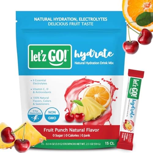 Let'z Go! Hydrate- Natural Hydration + Electrolyte Drink Mix- Hydration + Electrolytes + Antioxidant Powder Packets, Natural Flavors, Vitamins C + D | No Sugar | No Calories | (15 Count) Fruit Punch