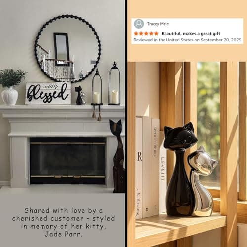 SURE YUESI Ceramic Cat Statue Set of 2, Black & Silver Cute Cat Figurines, Desk & Shelf Decor for Cat Lovers, Office Home Decor, Lucky Cat Memorial Gift for Women - Thumbnail 5