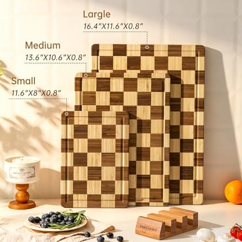 3 Pack Checkered Bamboo Cutting Board Set, Decorative End Grain Thick Wood Cutting Board, Crack-Resistant, Heavy Duty Non-slip Chopping Boards, Aesthetic Serving Trays for Home Decor, Gift - Thumbnail 4