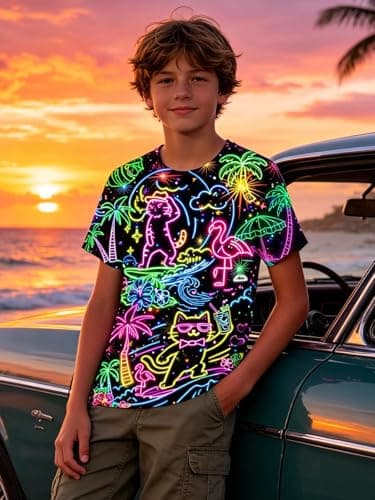Funnycokid Youth Boys Shirts Size 14 16 Girls T-Shirts Neon Cat Hawaii Digital Print Clothes Tops Tees Graphic Short Sleeve Birthday Cool 15-16 Years - Thumbnail 3