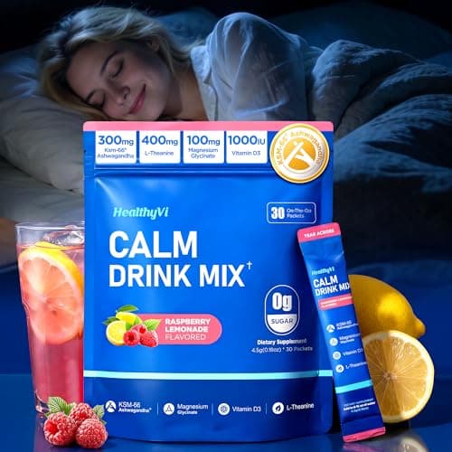 Calm Magnesium Glycinate Powder Drink Mix for Relax & Sleep Aid, Cortisol Reducer Supplements for Women Men w/ KSM-66 Ashwagandha L-Theanine Vitamin D3 Balance Mood & Stress Non-GMO Raspberry Lemonade - Image 1