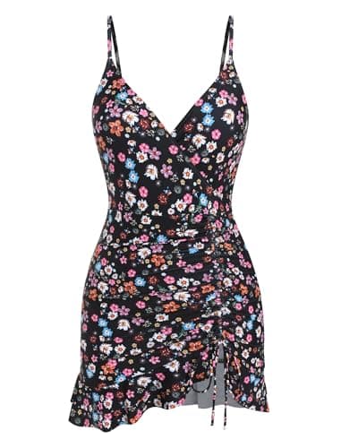 ZAFUL Womens Tummy Control Bathing Suit One Piece Swimsuit Over 50 Ruffle Swim Dress Long Torso Drawstring Swimwear Flower M - Thumbnail 6