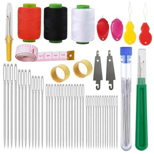 54PCS Big Eye Sewing Needles Kit 5 Size Stainless Steel Needles for Hand Sewing Kit Embroidery Yarn Knitting Steel Needle Set with Threads,Needle Threaders,Seam Ripper,Tape Measure,Thimble